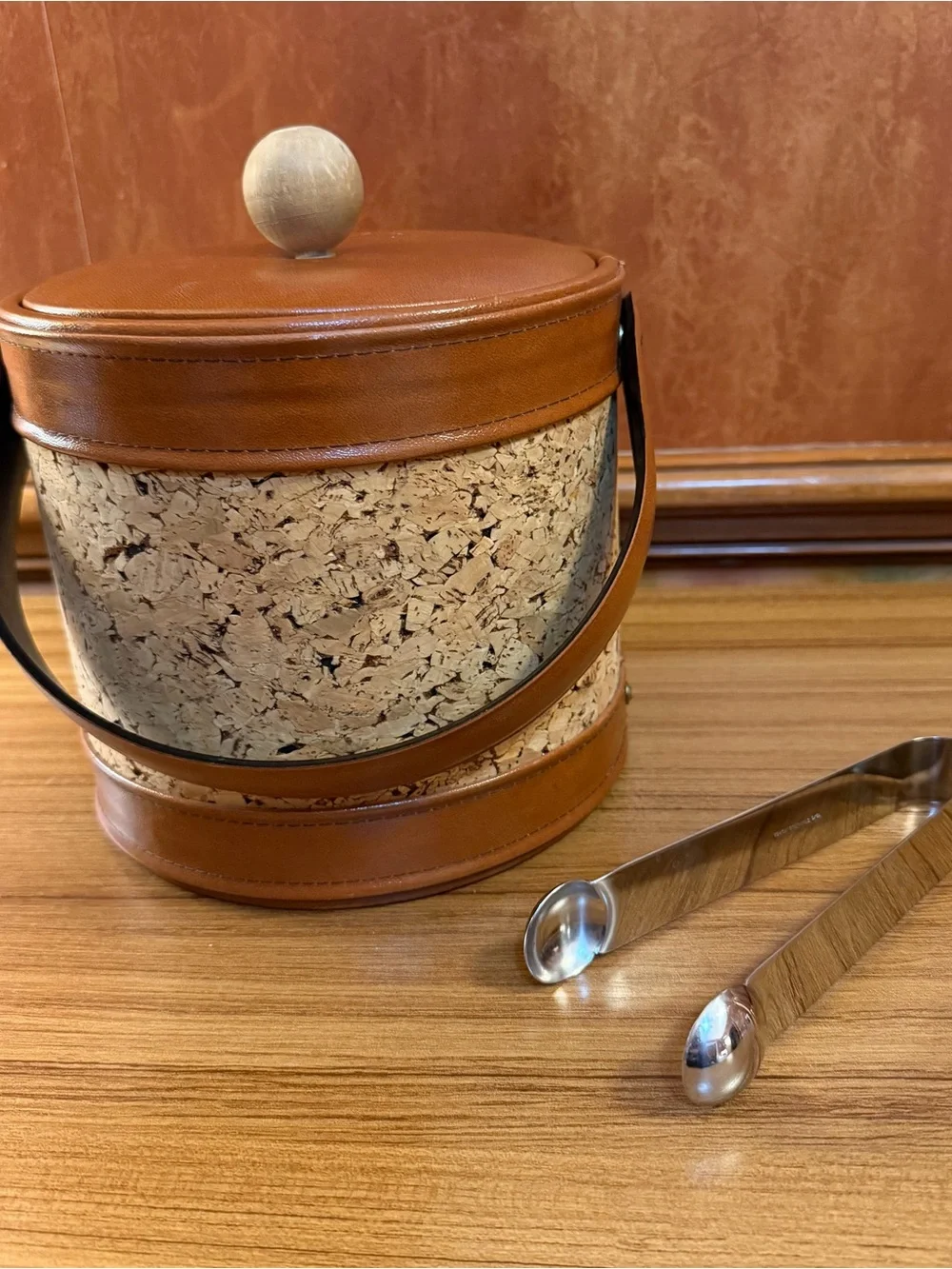 Vintage Mid Century Modern Cork Ice Bucket Faux Leather MCM Barware Tongs Set